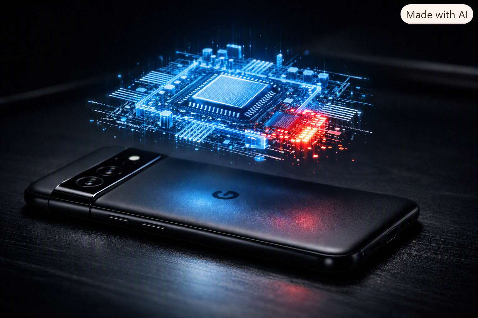 Google Pixel 11 Pro displaying holographic chip blueprint with missing hardware sections