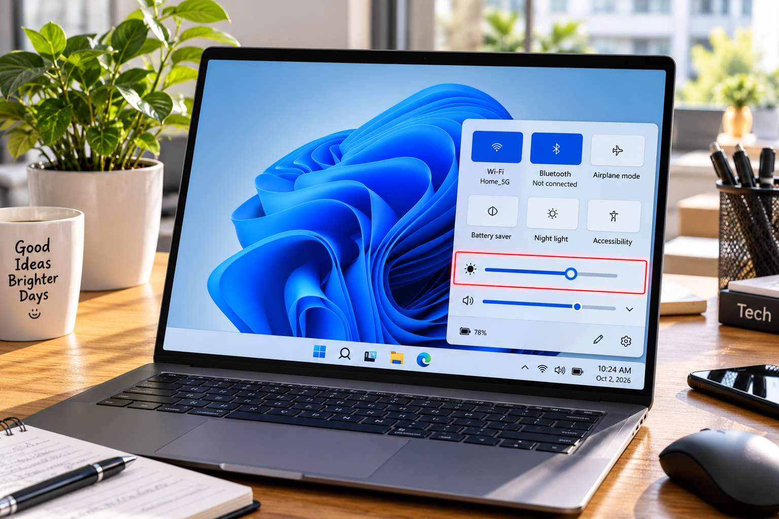 Adjusting display brightness slider in Windows 11 Quick Settings on a laptop