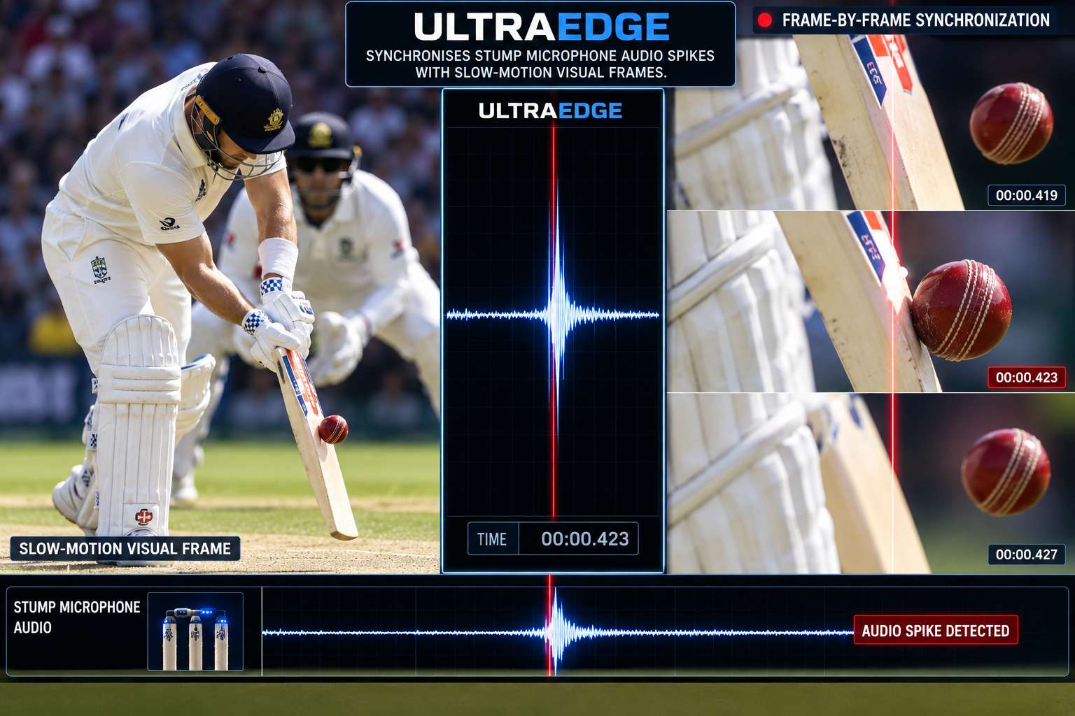 UltraEdge sound wave spike showing inside edge in cricket DRS review