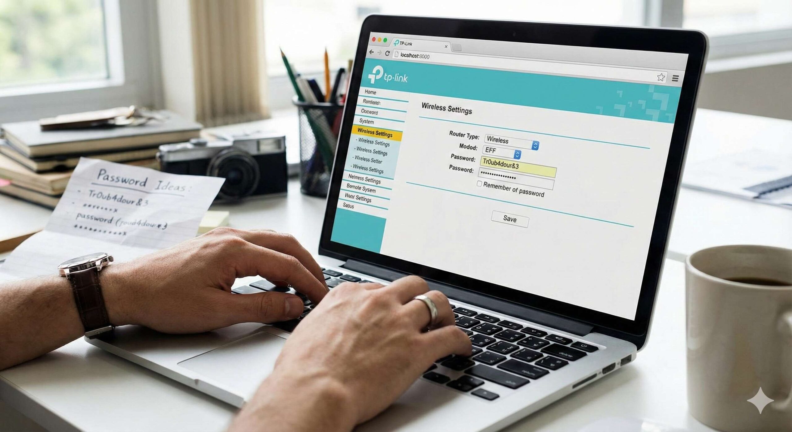 Hands typing a new password into router settings