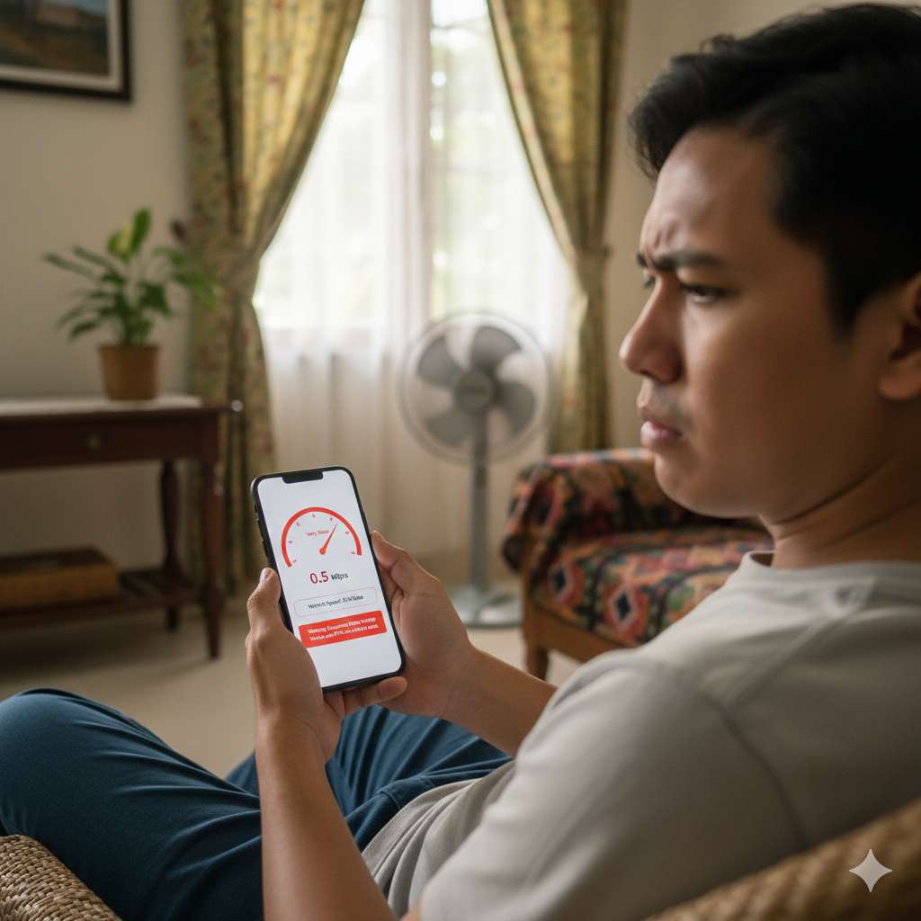 Person looking concerned at slow phone or laptop