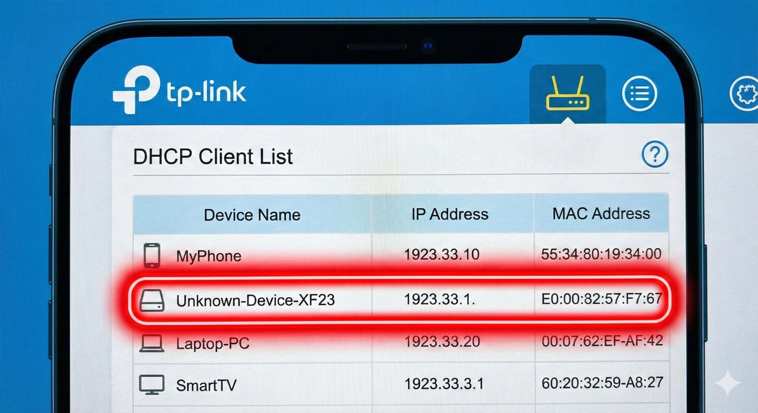 Router admin panel showing connected devices