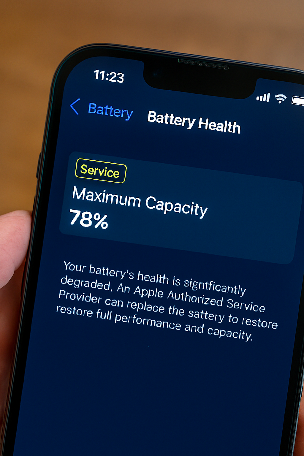 iPhone battery health settings screen showing 78% maximum capacity with service recommended