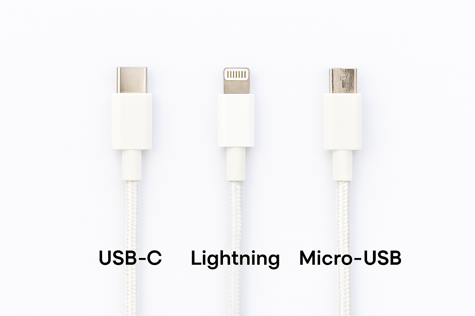 different types of phone charging cables comparison: USB-C, Lightning, Micro-USB