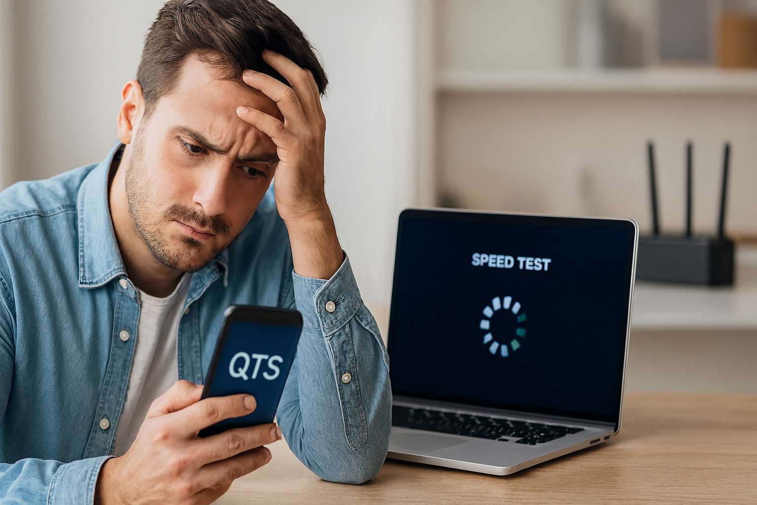 Frustrated person experiencing slow internet speed on multiple devices