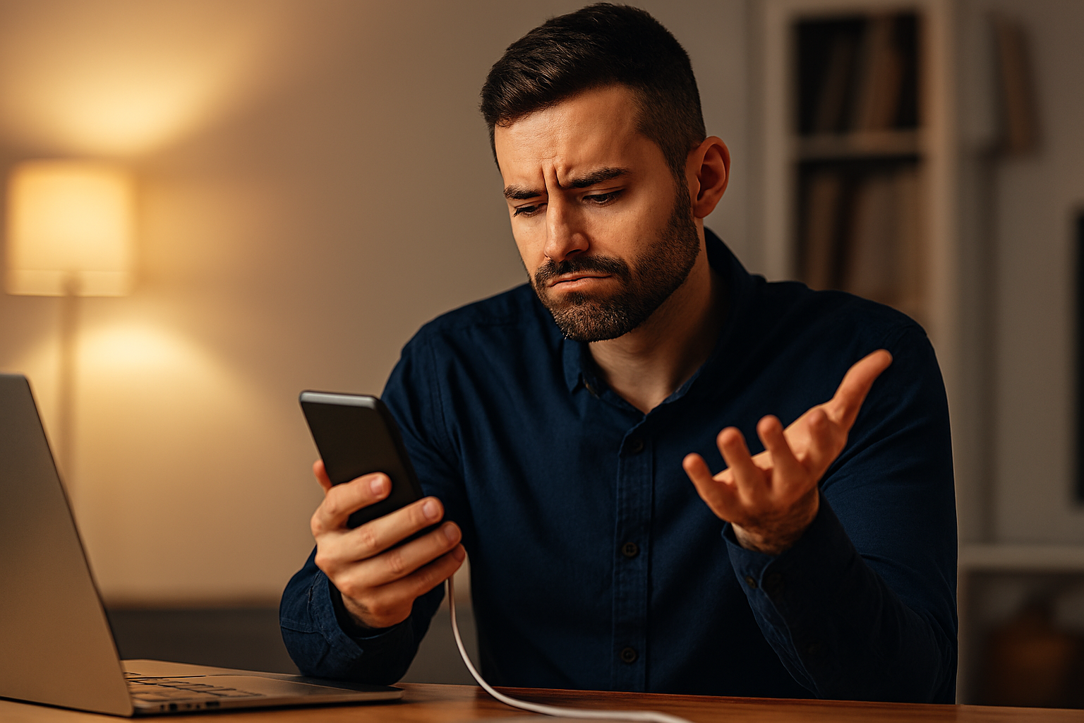 Person frustrated with phone not charging issue