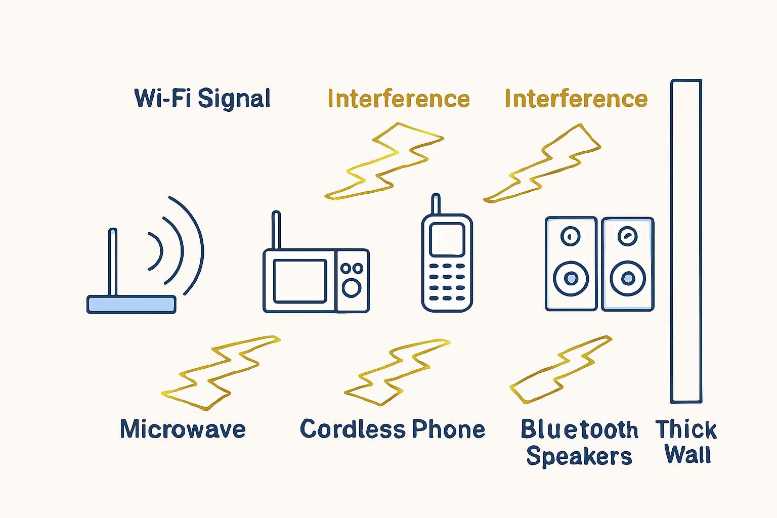 Diagram showing household appliances interfering with Wi-Fi signals