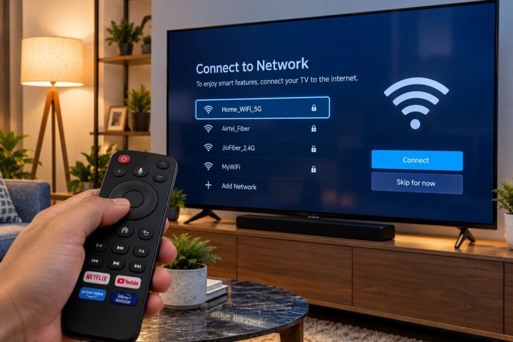 Troubleshooting a Smart TV not connecting to Wi-Fi in a living room